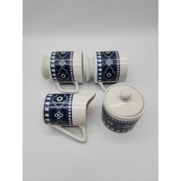 Vintage Coffee Or Tea Set Navy Paisley 2 Cups, Cream & Sugar Porcelain - Picture 7 of 12